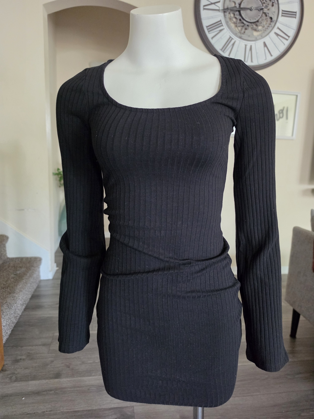 Divided Black Ribbed Mini Dress with Scoop Neck